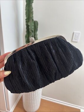 Neiman Marcus Black Ruched Clutch with Silver Frame